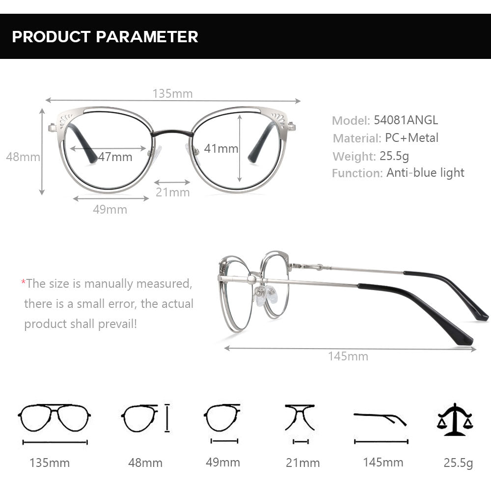 CCspace Women's Full Rim Round Cat Eye Alloy Frame Eyeglasses 54081 Full Rim CCspace