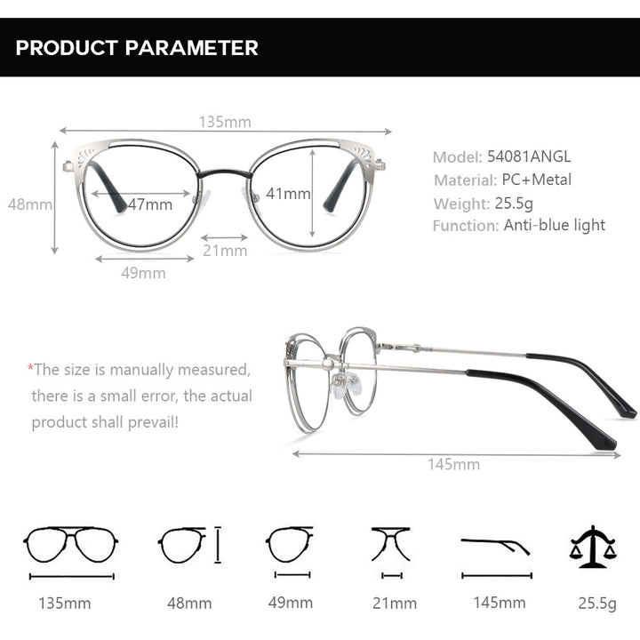 CCspace Women's Full Rim Round Cat Eye Alloy Frame Eyeglasses 54081 Full Rim CCspace