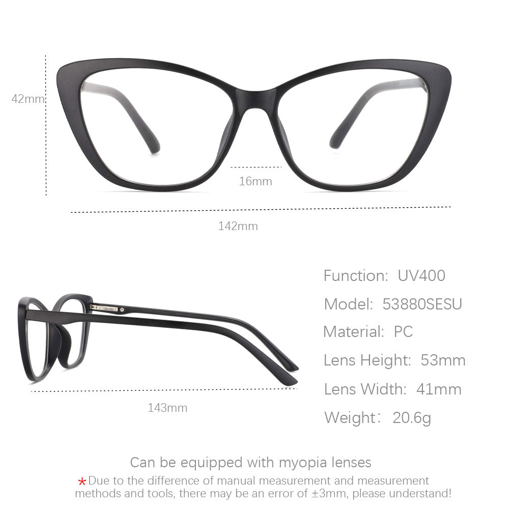 CCspace Unisex Full Rim Cat Eye Tr 90 Titanium Eyeglasses Clip On Sunglasses 53880 With Clip Ons CCspace