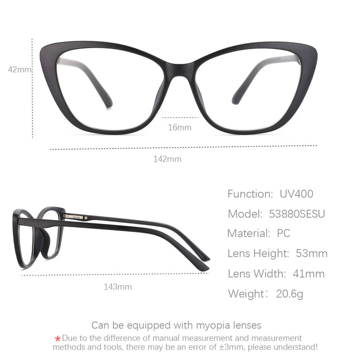 CCspace Unisex Full Rim Cat Eye Tr 90 Titanium Eyeglasses Clip On Sunglasses 53880 With Clip Ons CCspace