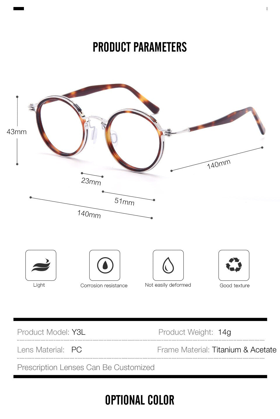 Muzz Men's Full Rim Round Titanium Acetate Frame Eyeglasses G15 Full Rim Muzz
