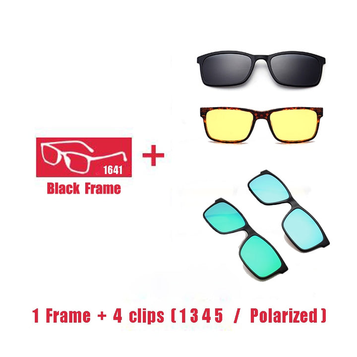 Oveliness Unisex Full Rim Square Tr 90 Titanium Eyeglasses Polarized Clip On Sunglasses 1641 With Clip Ons Oveliness 1F 4 clips 1 3 4 5