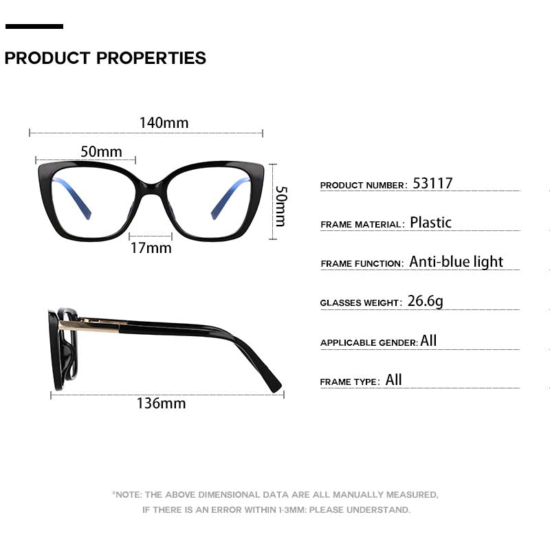 CCspace Women's Full Rim Square Cat Eye Tr 90 Titanium Frame Eyeglasses 53117 Full Rim CCspace