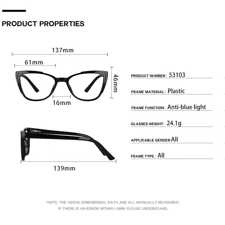 CCspace Unisex Full Rim Square Cat Eye Tr 90 Titanium Frame Eyeglasses 53103 Full Rim CCspace
