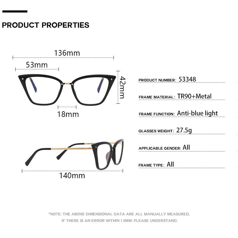 CCspace Unisex Full Rim Square Cat Eye Tr 90 Titanium Frame Eyeglasses 53384 Full Rim CCspace