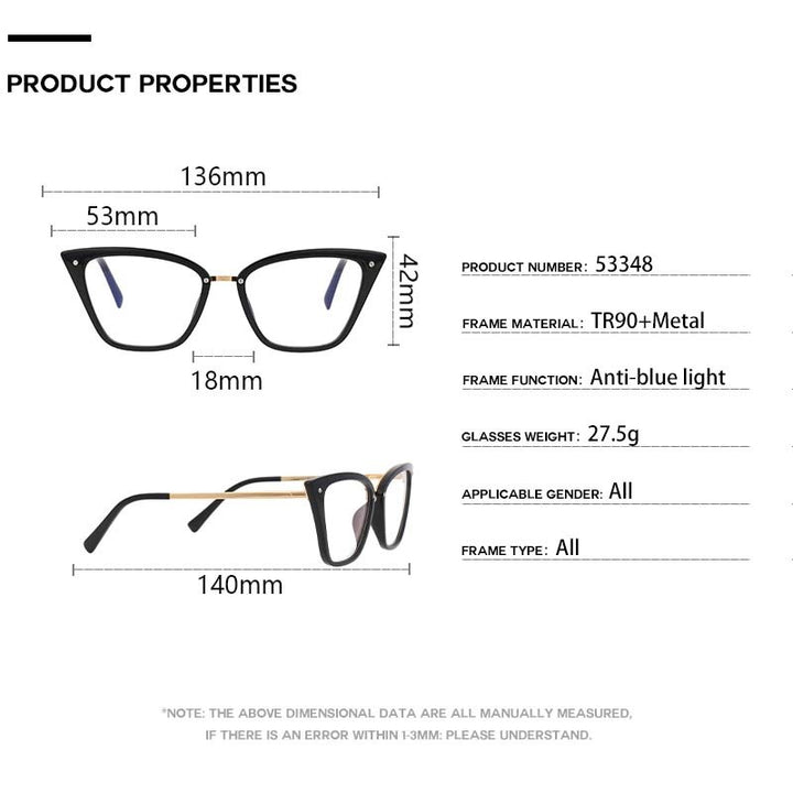 CCspace Unisex Full Rim Square Cat Eye Tr 90 Titanium Frame Eyeglasses 53384 Full Rim CCspace