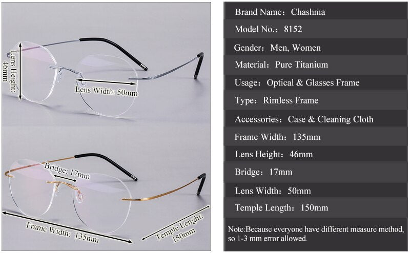 Chashma Ochki Unisex Rimless Round Titanium Eyeglasses 8151 Rimless Chashma Ochki