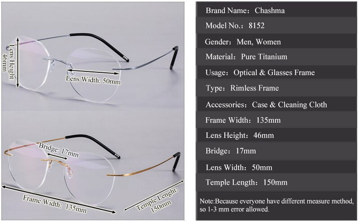 Chashma Ochki Unisex Rimless Round Titanium Eyeglasses 8151 Rimless Chashma Ochki