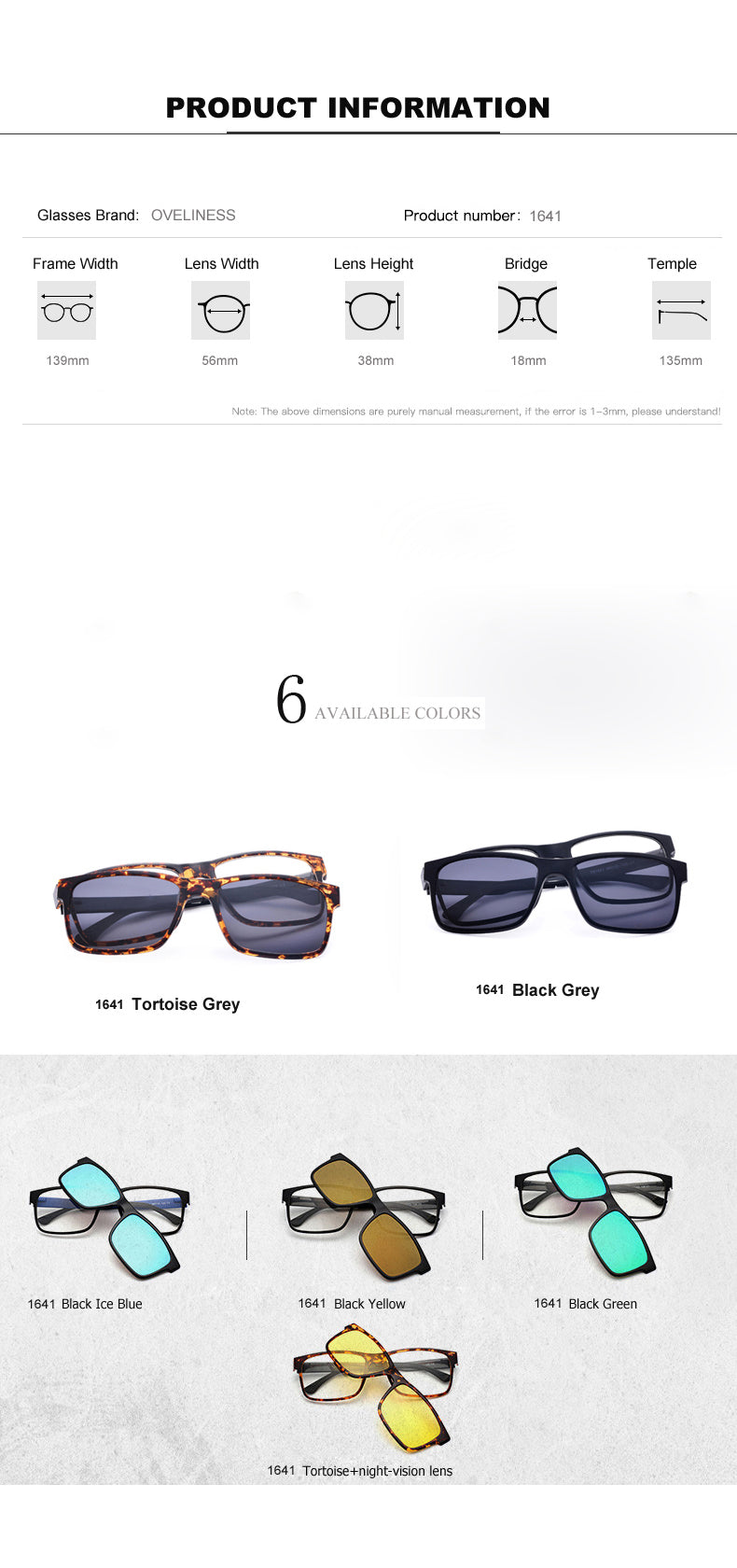 Oveliness Unisex Full Rim Square Tr 90 Titanium Eyeglasses Polarized Clip On Sunglasses 1641 With Clip Ons Oveliness
