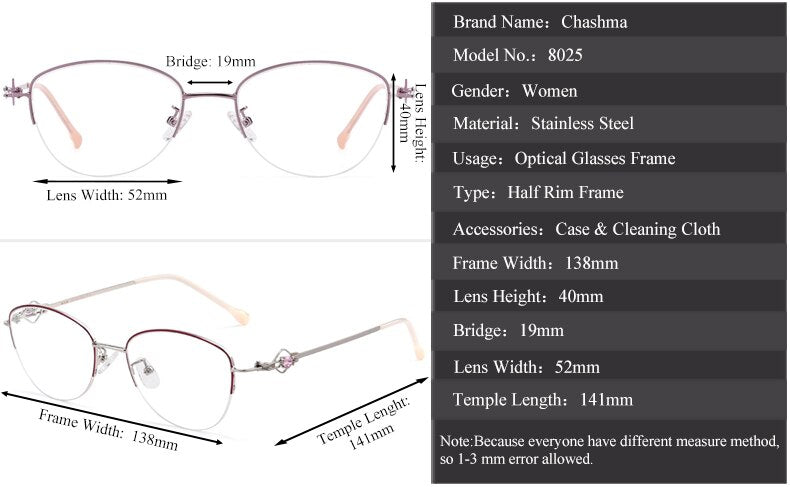 Chashma Ochki Women's Semi Rim Square Cat Eye Stainless Steel Eyeglasses 8025 Semi Rim Chashma Ochki