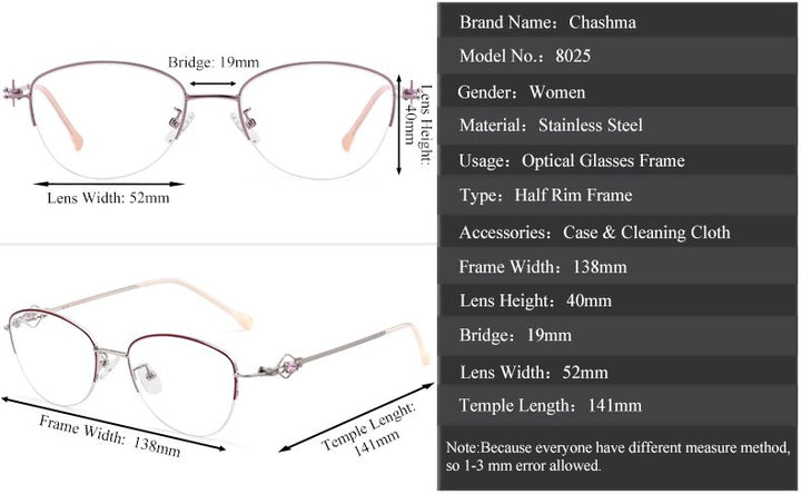 Chashma Ochki Women's Semi Rim Square Cat Eye Stainless Steel Eyeglasses 8025 Semi Rim Chashma Ochki
