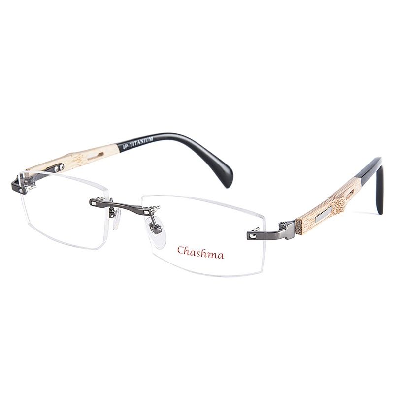 Chashma Men's Rimless Square Titanium Bamboo Eyeglasses R866 Rimless Chashma