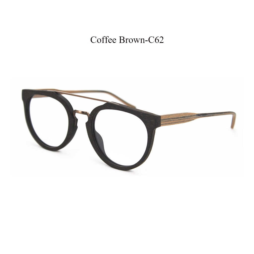 Hdcrafter Unisex Full Rim Round Wood Metal Acetate Double Bridge Frame Eyeglasses Spr09 Full Rim Hdcrafter Eyeglasses Coffee Brown-C62  