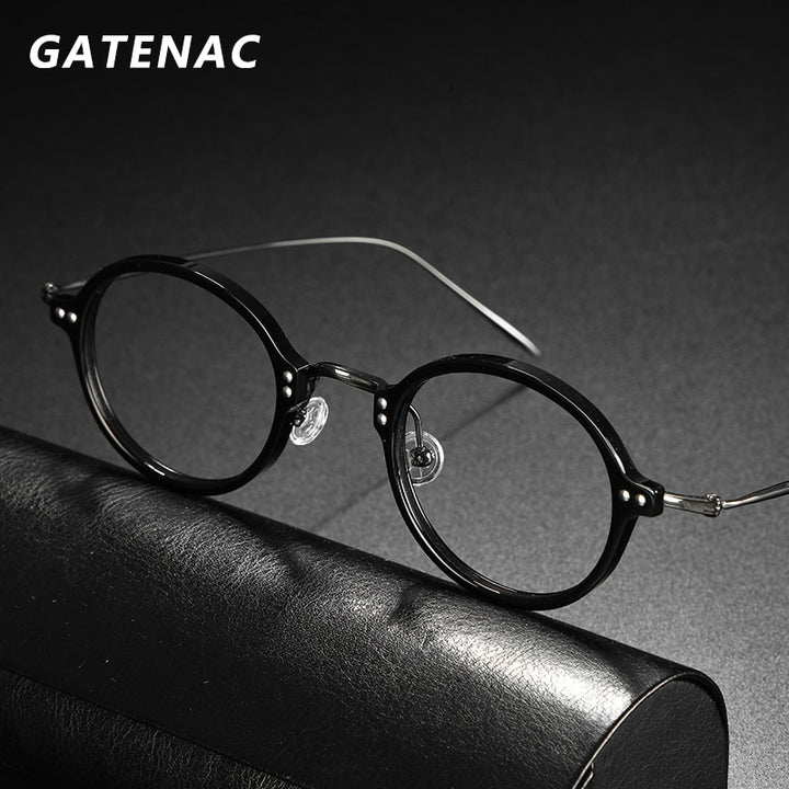 Gatenac Unisex Full Rim Round Acetate Titanium Frame Eyeglasses Gxyj546 Full Rim Gatenac