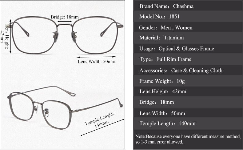 Chashma Ochki Unisex Full Rim Square Oval Titanium Eyeglasses  1851 Full Rim Chashma Ochki