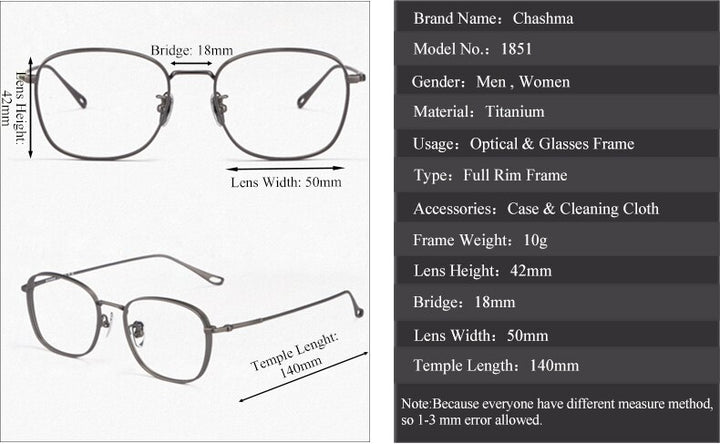 Chashma Ochki Unisex Full Rim Square Oval Titanium Eyeglasses  1851 Full Rim Chashma Ochki