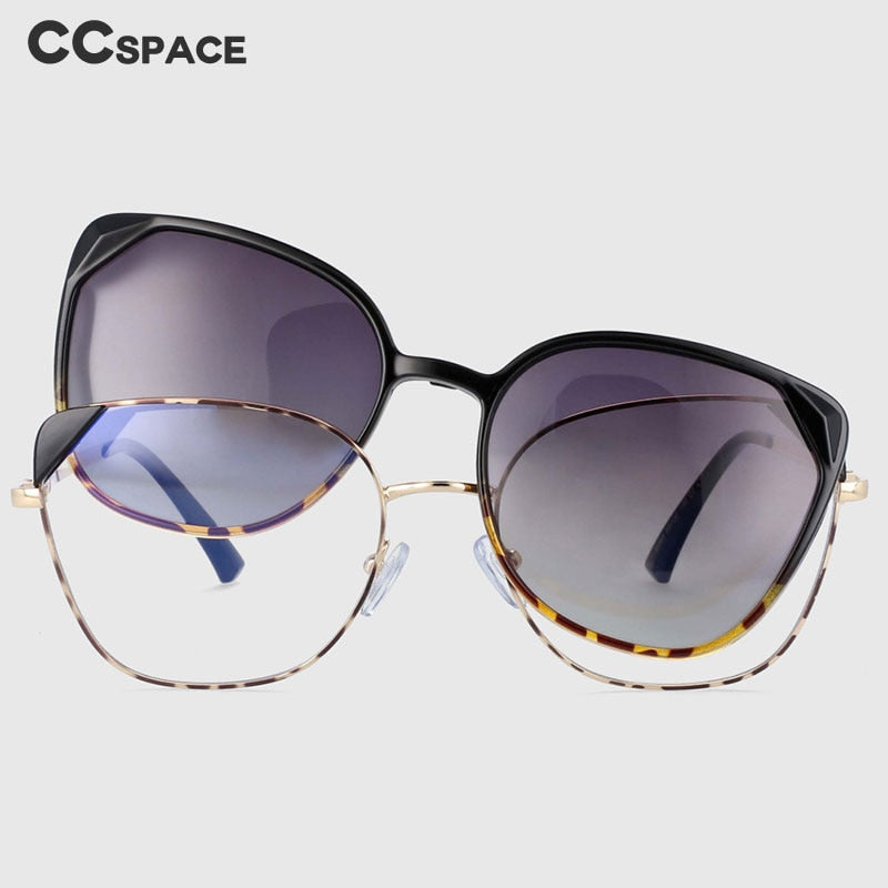 CCspace Women's Full Rim Cat Eye Alloy Eyeglasses Clip On Sunglasses 53963 With Clip Ons CCspace