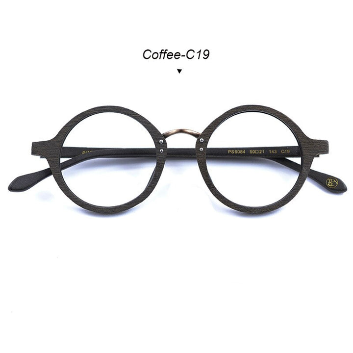Hdcrafter Men's Full Rim Round Metal Wood Frame Eyeglasses Ps6084 Full Rim Hdcrafter Eyeglasses Coffee-C19