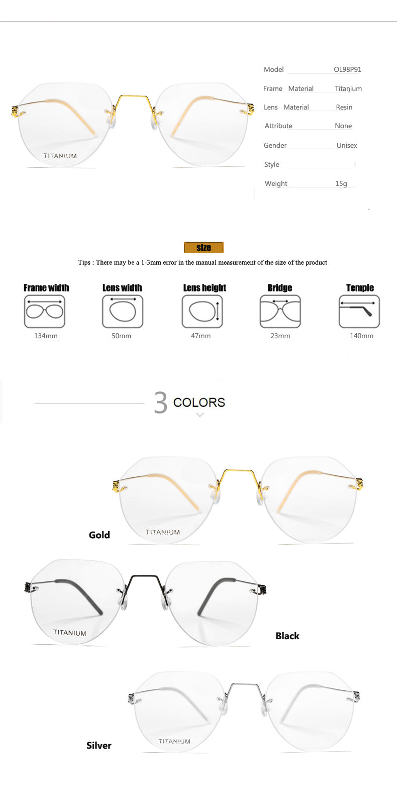 Oveliness Unisex Rimless Round Square Screwless Titanium Eyeglasses 9891 Rimless Oveliness