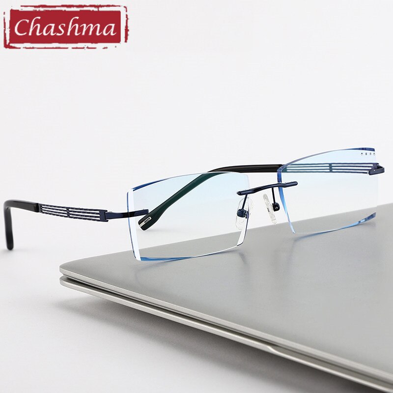 Chashma Ottica Men's Rimless Square Titanium Eyeglasses Tint Lenses 1025 Rimless Chashma Ottica Blue  
