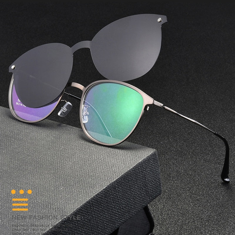 Hotochski Unisex Full Rim Titanium Oval Frame Eyeglasses With Polarized Clip On Sunglasses S94002 With Clip Ons Hotochki