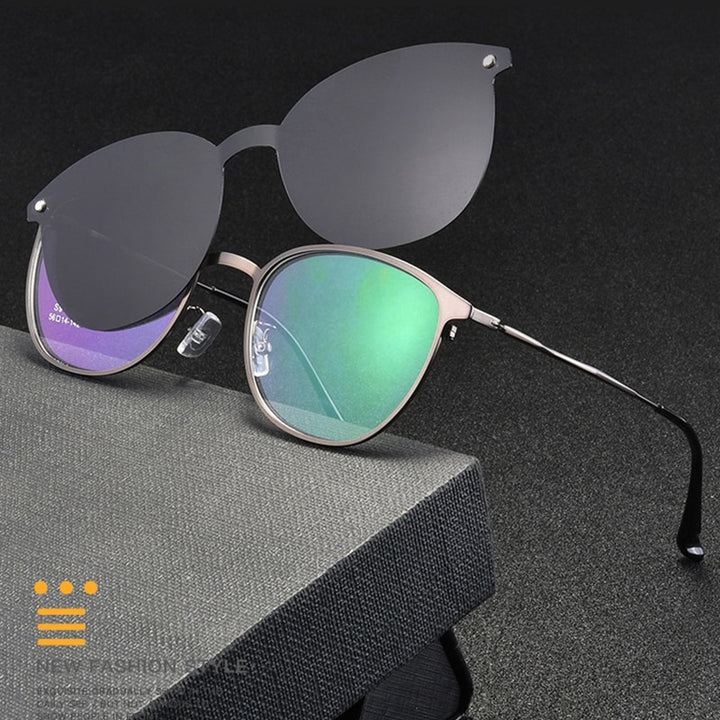 Hotochski Unisex Full Rim Titanium Oval Frame Eyeglasses With Polarized Clip On Sunglasses S94002 With Clip Ons Hotochki