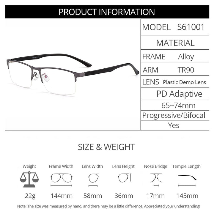 Gmei Men's Semi Rim Square Tr 90 Alloy Eyeglasses S61001 Semi Rim Gmei Optical
