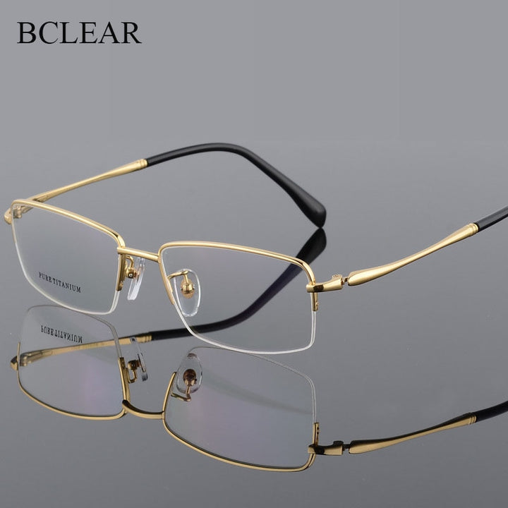 Men's Square Semi Rim Titanium Frame Eyeglasses 8296 Semi Rim Bclear Gold