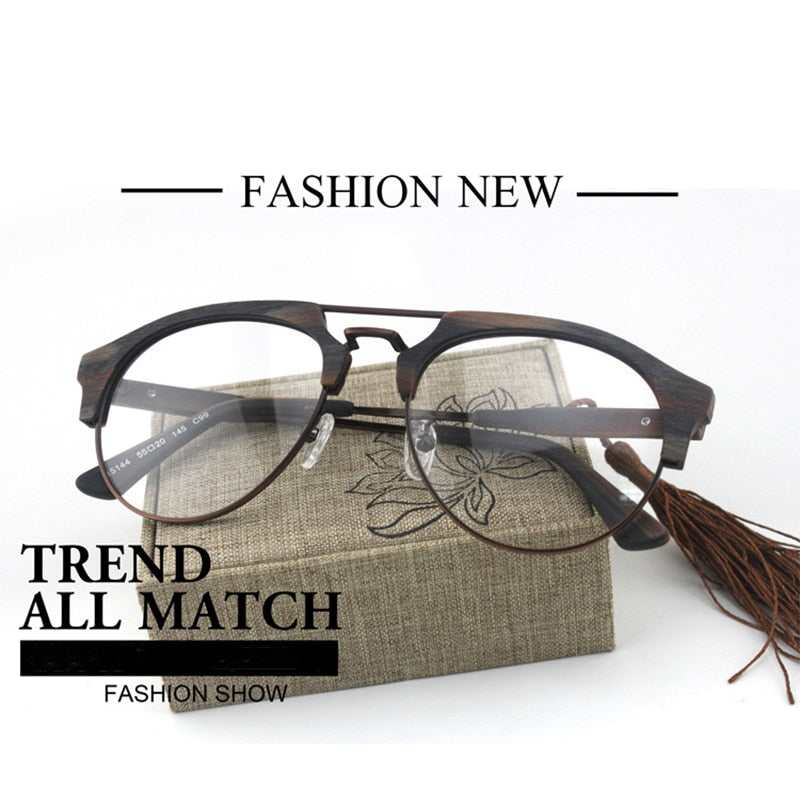 Hdcrafter Men's Full Rim Round Double Bridge Wood Metal Frame Eyeglasses 15144 Full Rim Hdcrafter Eyeglasses