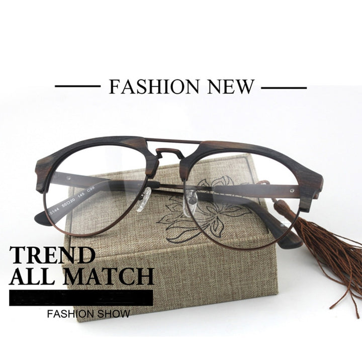 Hdcrafter Men's Full Rim Round Double Bridge Wood Metal Frame Eyeglasses 15144 Full Rim Hdcrafter Eyeglasses
