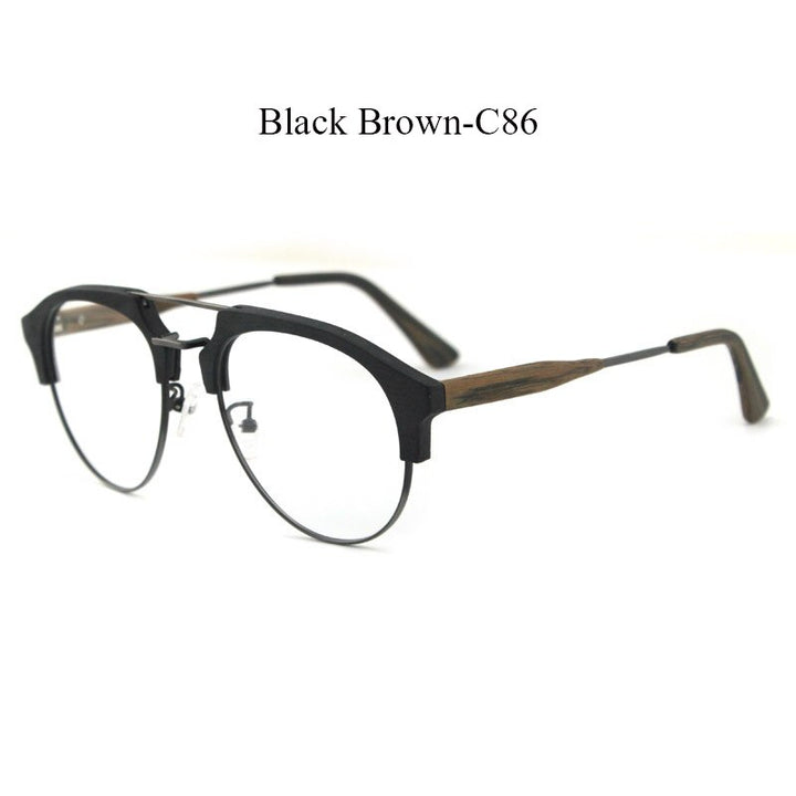 Hdcrafter Men's Full Rim Round Double Bridge Wood Metal Frame Eyeglasses 15144 Full Rim Hdcrafter Eyeglasses C86
