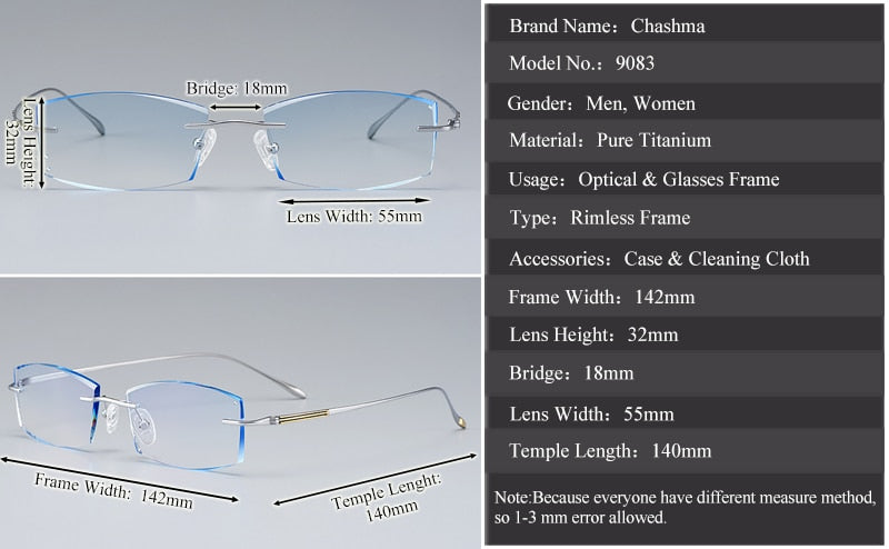 Chashma Ottica Unisex Rimless Rectangle Titanium Eyeglasses Tinted Lenses 9083 Rimless Chashma Ottica
