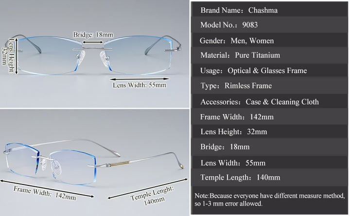 Chashma Ottica Unisex Rimless Rectangle Titanium Eyeglasses Tinted Lenses 9083 Rimless Chashma Ottica