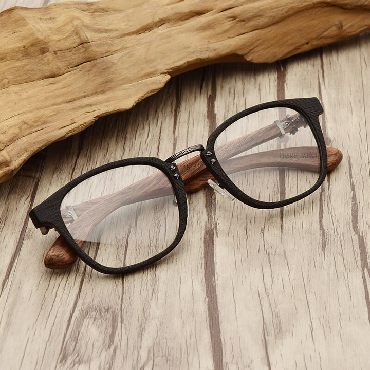 Hdcrafter Unisex Full Rim Round Wood Temple Eyeglasses 7473d Full Rim Hdcrafter Eyeglasses