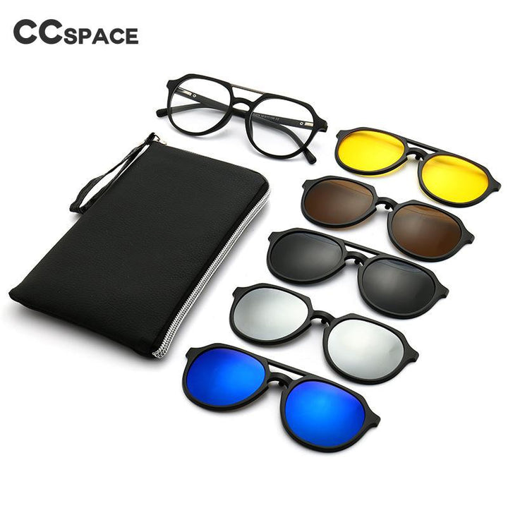 CCspace Unisex Full Rim Round Tr 90 Titanium Frame Eyeglasses Clip On 5 Piece Lens Sunglasses 53882 With Clip Ons CCspace