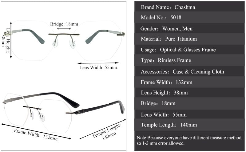Chashma Ottica Men's Rimless  Polygon Titanium Eyeglasses 5018 Rimless Chashma Ottica