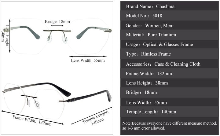 Chashma Ottica Men's Rimless  Polygon Titanium Eyeglasses 5018 Rimless Chashma Ottica
