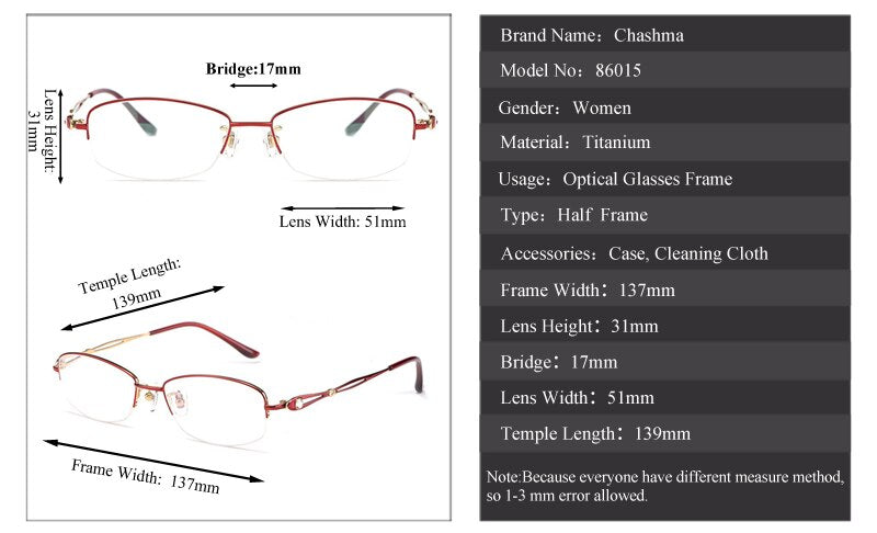 Chashma Ottica Women's Semi Rim Oval Rectangle Titanium Eyeglasses 86015 Semi Rim Chashma Ottica