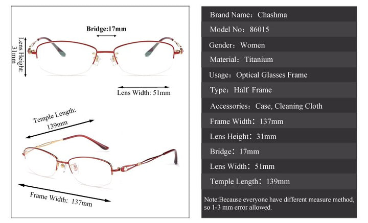 Chashma Ottica Women's Semi Rim Oval Rectangle Titanium Eyeglasses 86015 Semi Rim Chashma Ottica