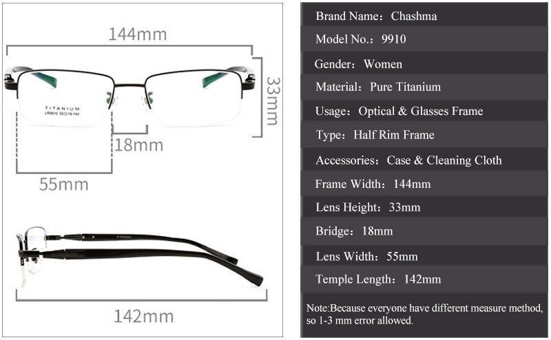 Chashma Ottica Men's Semi Rim Rectangle Square Titanium Eyeglasses Lr9910 Semi Rim Chashma Ottica