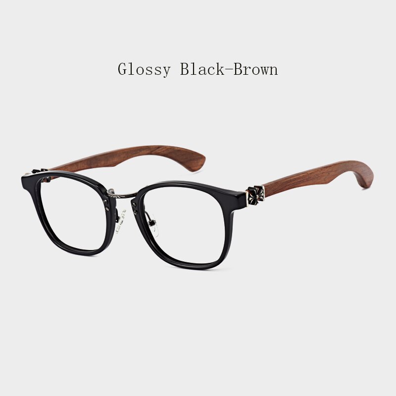 Hdcrafter Unisex Full Rim Round Wood Temple Eyeglasses 7473d Full Rim Hdcrafter Eyeglasses Glossy Black-Brown