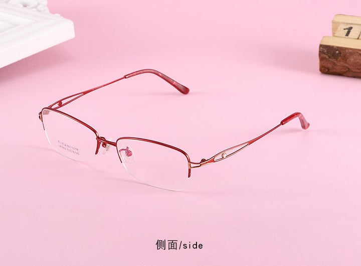 Women's Oval Hollow Titanium Semi Rim Eyeglasses Lr7809 Semi Rim Bclear red gold