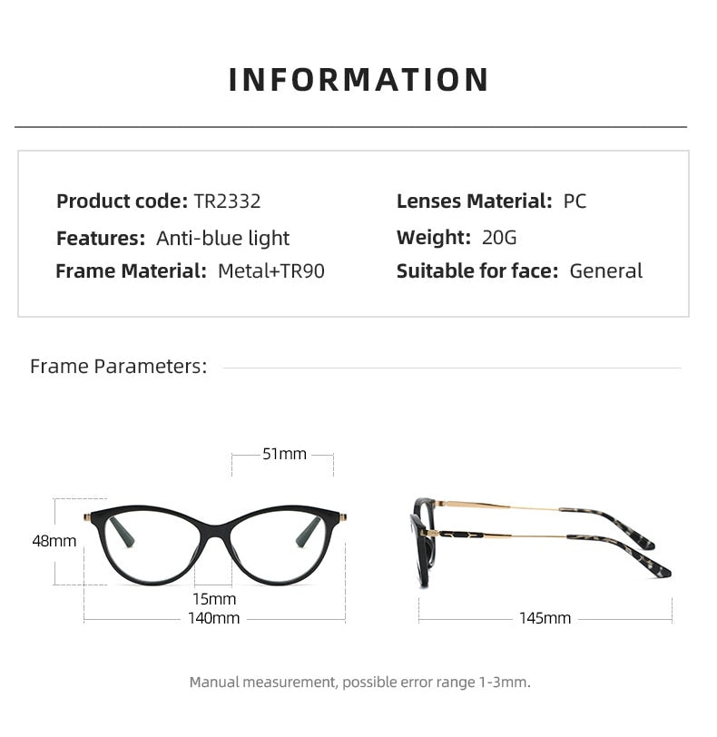 Hotony Women's Full Rim Cat Eye TR 90 Resin Alloy Frame Eyeglasses Tr2332 Full Rim Hotony