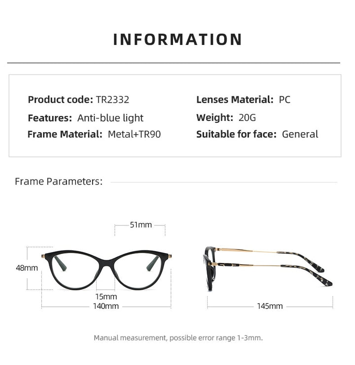 Hotony Women's Full Rim Cat Eye TR 90 Resin Alloy Frame Eyeglasses Tr2332 Full Rim Hotony