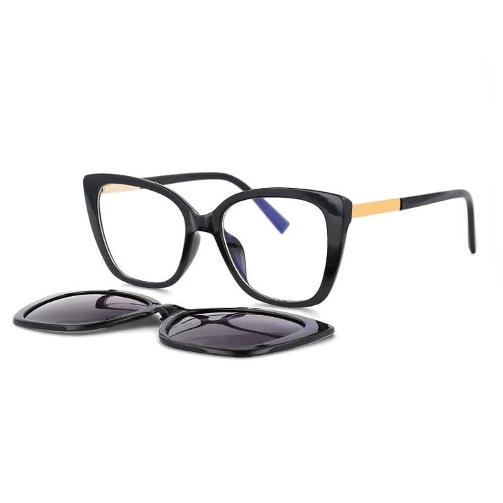 CCspace Unisex Full Rim Square Cat Eye Tr 90 Titanium Eyeglasses Clip On Sunglasses 53547 With Clip Ons CCspace black