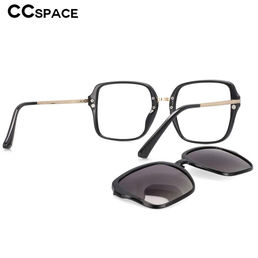 CCspace Unisex Full Rim Square Tr 90 Frame Eyeglasses Clip On Sunglasses 53661 With Clip Ons CCspace