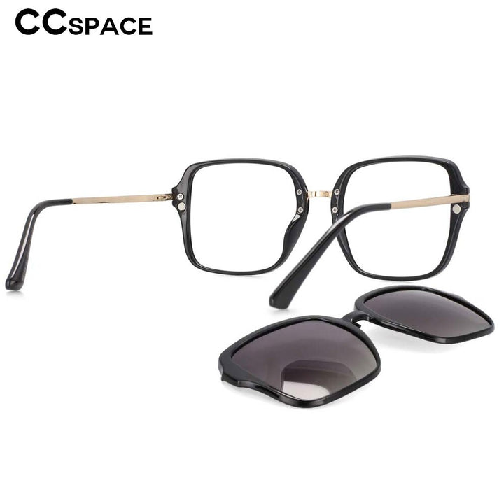 CCspace Unisex Full Rim Square Tr 90 Frame Eyeglasses Clip On Sunglasses 53661 With Clip Ons CCspace