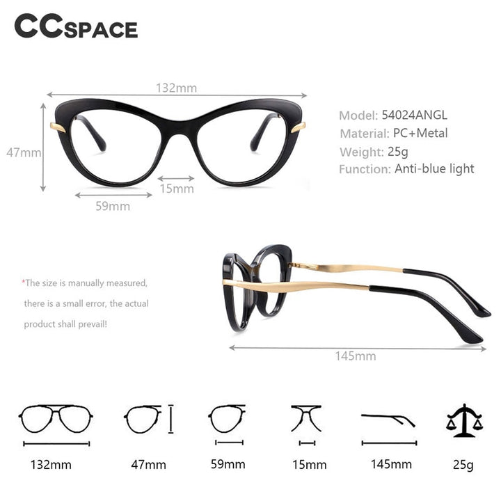 CCspace Women's Full Rim Cat Eye Tr 90 Titanium Frame Eyeglasses 54024 Full Rim CCspace