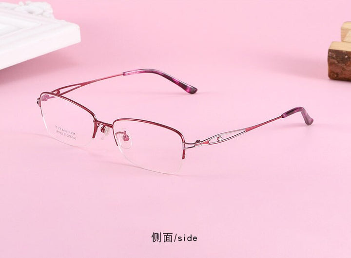 Women's Oval Hollow Titanium Semi Rim Eyeglasses Lr7809 Semi Rim Bclear red silver