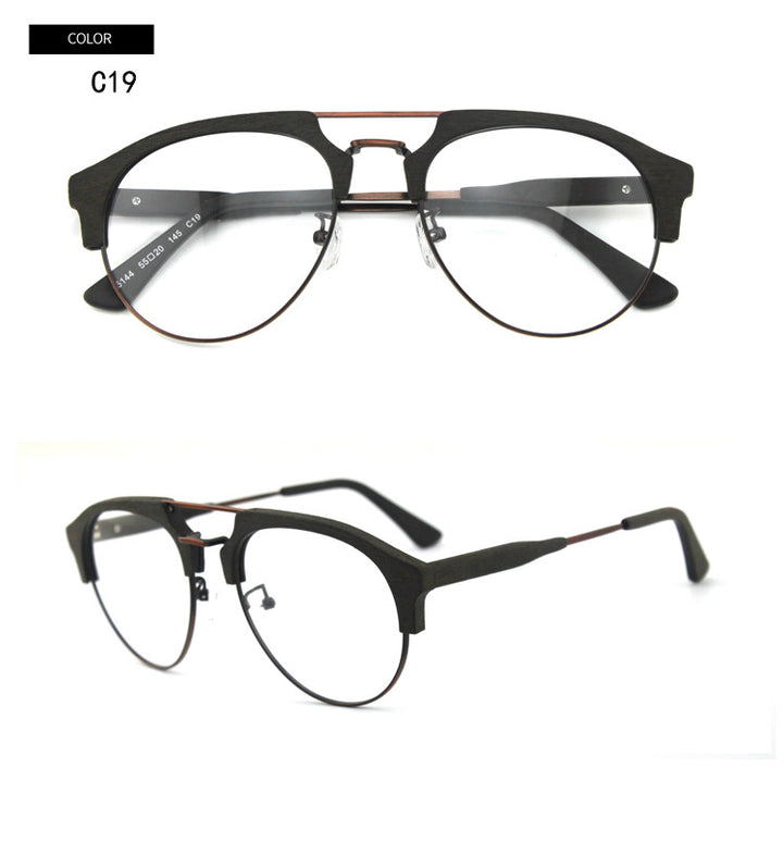 Hdcrafter Men's Full Rim Round Double Bridge Wood Metal Frame Eyeglasses 15144 Full Rim Hdcrafter Eyeglasses